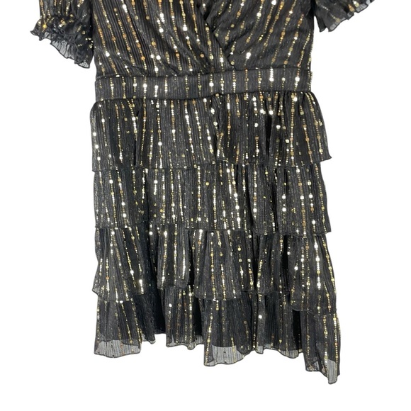 AQUA Black Metallic Stripe Tiered Ruffle Mini Dress Size M - Picture 4 of 10